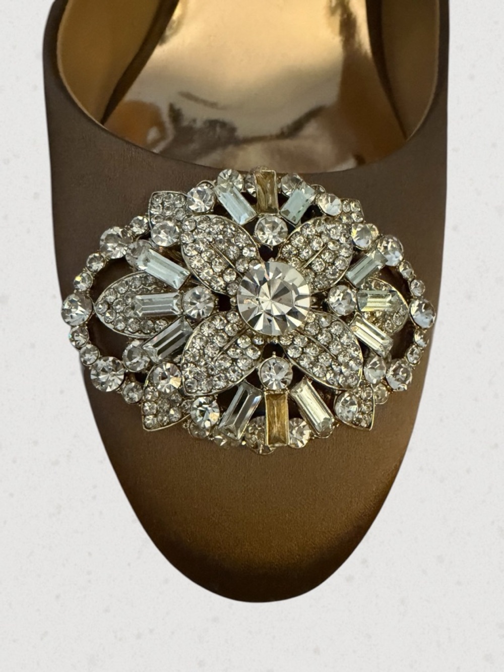 Badgley Mischka Dark Champagne Satin Jeweled Slingback Heels